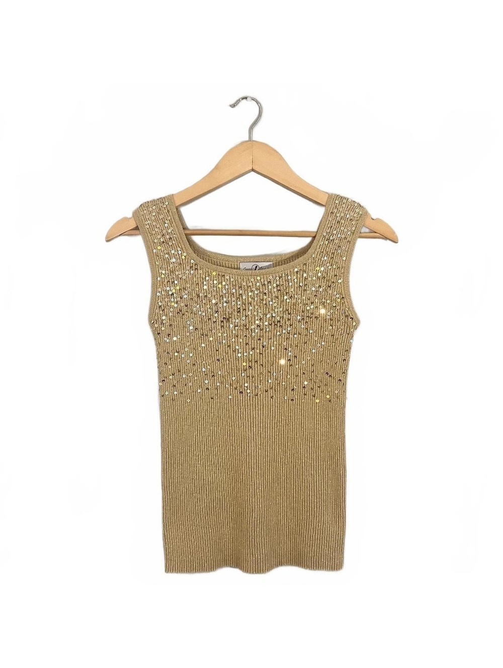 Y2K Gold Metallic Sequin Embellished Ribbed Tank Top 2000’s Glam Party